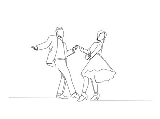 Rimantic couple dancing in single outline illustration. Continuous line art drawing of Happy couple dancing. Editable stroke.
