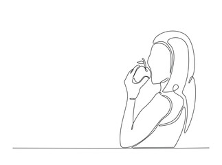 Woman eating fresh fruit in single outline illustration. Continuous line art drawing of woman enjoying fresh apple, vegan concept. Editable stroke.