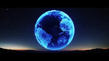 Glowing globe animation above silhouette landscape at night - Powered by Adobe