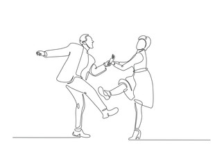 Rimantic couple dancing in single outline illustration. Continuous line art drawing of Happy couple dancing. Editable stroke.