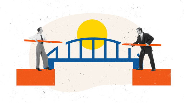 Collage art. Business people building symbolic bridge connecting two sides with teamwork. Concept of negotiation, balance, and constructive cooperation for diplomacy, education and partnership reports