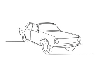 Fototapeta premium Retro car in single outline illustration. Continuous line art drawing of old car in the road. Editable stroke.
