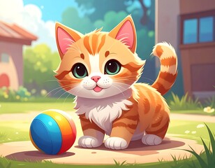 Cute kitten with colorful ball in garden