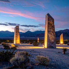 Abstract monument illuminated by light at dusk with mountains