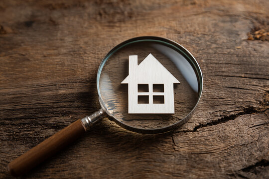 White paper house miniature with magnifying glass. Housing market decline and crisis shortage concept.