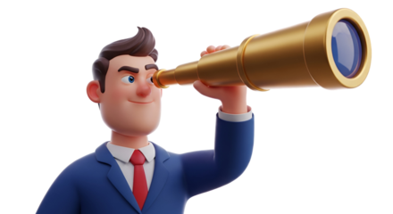 3d icon of cartoon businessman looking through a telescope isolated on transparent background, searching for opportunities
