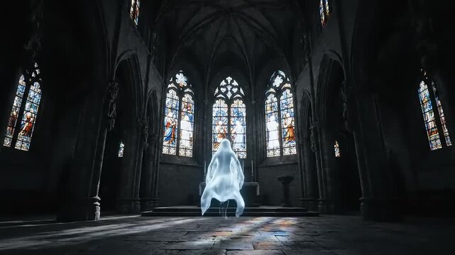 Ethereal ghost floats through the nave of an old gothic church with stained glass windows, creating a mysterious and haunting atmosphere.