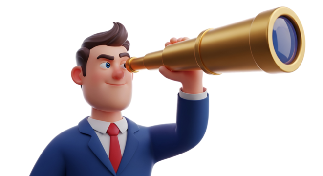 3d icon of cartoon businessman looking through a telescope isolated on transparent background, searching for opportunities - Powered by Adobe
