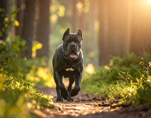 Black dog running on forest path, sunlit