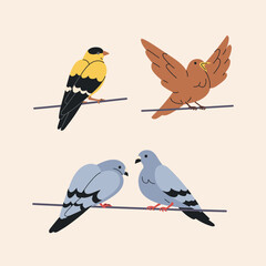 Four stylized birds, including a goldfinch, a brown bird with outstretched wings, and two pigeons, perched on thin branches against a beige background.