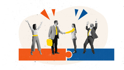 Composition of team celebrating partnership success with handshake and colorful abstract design....