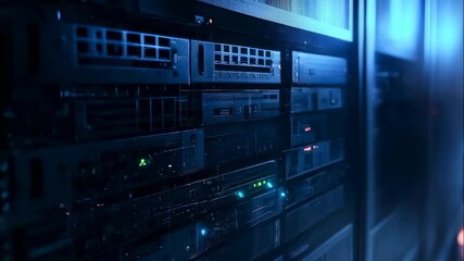 Server racks with blinking indicator lights in data center. Digital information transfer concept. Big data processing animation. - Powered by Adobe