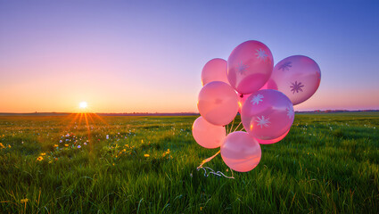 Pink Balloons in Sunset Field with Floral Patterns and Warm Light
