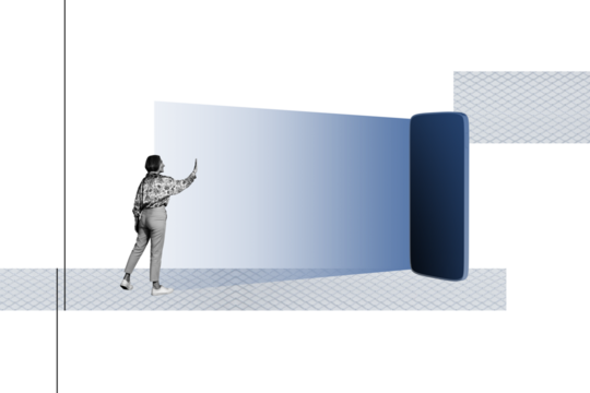 Creative collage mature woman take photo smartphone digital device user screen light addiction modern technology effect touschreen display