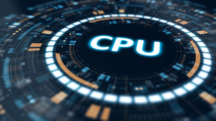 Futuristic circular HUD design with glowing CPU text at the center surrounded by blue and orange geometric patterns, representing computing technology and digital processing power.