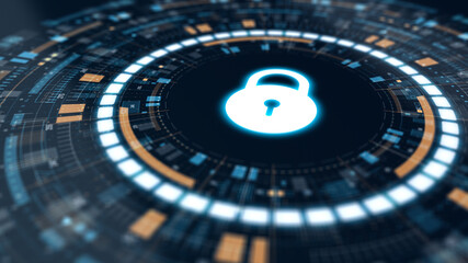 Digital futuristic HUD design with a glowing key symbol in the center, symbolizing access control, encryption, and secure data technology in a cyber environment.