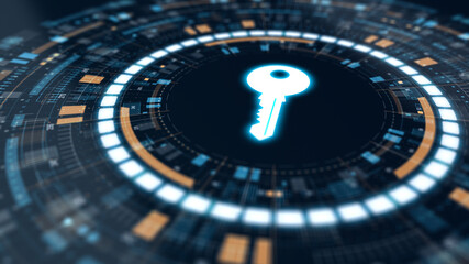 Futuristic HUD interface with a bright digital key icon at the center surrounded by circular geometric graphics, symbolizing secure access and encryption in digital systems.