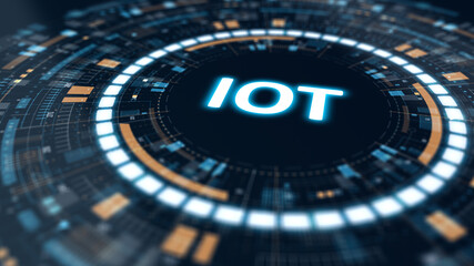 Futuristic digital circular interface with glowing IOT text representing Internet of Things technology, data communication, and network connectivity in a cyber style design.
