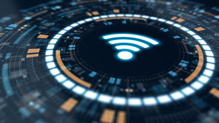 Futuristic HUD interface with glowing WiFi symbol at the center, representing wireless communication, data transfer, and digital network connectivity in a cyber design style.