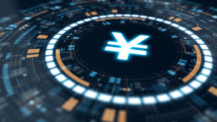 Futuristic digital HUD interface with glowing yen currency symbol in the center, representing financial technology, global trade, and digital economy in a cyber design style.