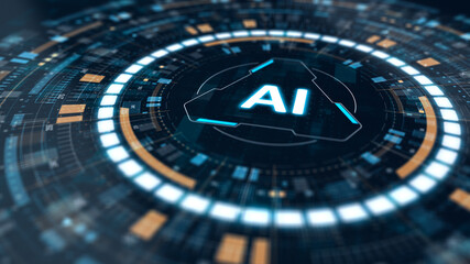 Digital circular HUD interface with glowing AI text inside a triangle shape, representing artificial intelligence, data processing, and futuristic technology innovation.