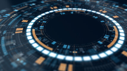 Futuristic circular HUD interface design with geometric lines and glowing blue elements, representing modern digital technology, innovation, and cyber data visualization.