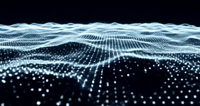 Abstract digital landscape with flowing waves of light and depth perception