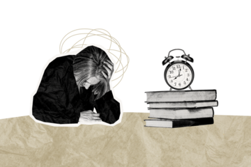 Composite collage picture image of tired female student study night before exam office deadline clock unusual fantasy billboard comics