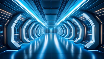 futuristic sci fi corridor with glowing blue lights sleek design and high tech atmosphere