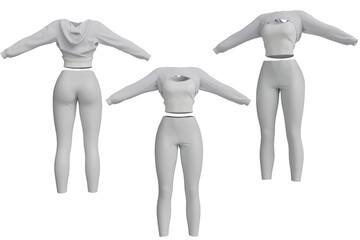 Three views of a light grey two-piece athleisure set a cropped long-sleeve hoodie, a tank top with cutout, and matching high-waisted leggings