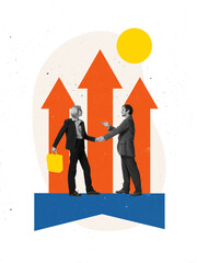 Two business partners shaking hands under upward arrows symbolizing growth and ambition. Concept of...