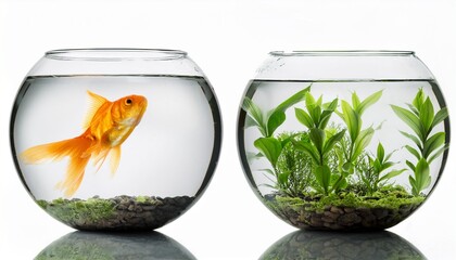 goldfish in a bowl aquarium with green plants isolated on white background