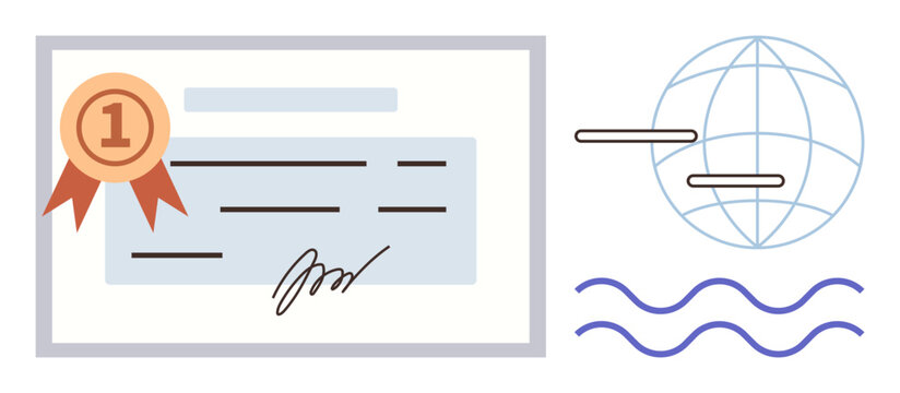 Certificate with ribbon, signature, globe, and waves symbolizing achievement, validation, worldwide recognition, certification, education, excellence and professional accomplishment in a simple flat