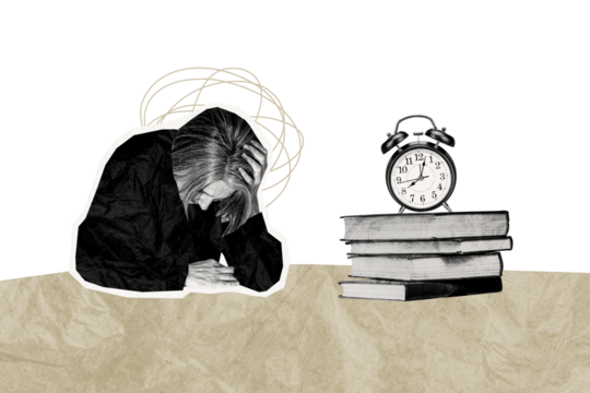 Composite collage picture image of tired female student study night before exam office deadline clock unusual fantasy billboard comics