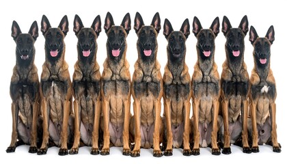 Row of seated Belgian Malinois dogs