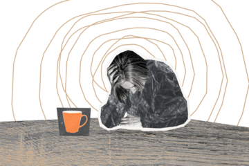 Composite trend artwork sketch image photo collage of silhouette aged woman sit table hand hold head sad headache pain stress depression