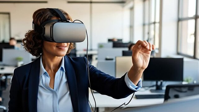A focused professional woman, wearing an advanced virtual reality headset, is deeply immersed in an interactive digital experience within a contemporary office environment. Her engaged expression and