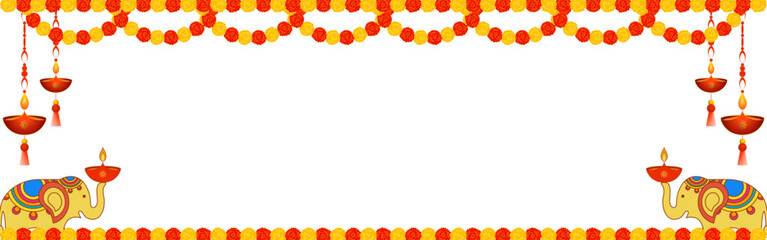 Vector illustration of beautiful marigold flower garland with diya and elephant on transparent background