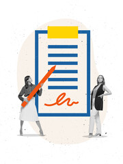 Graphic composition. Businesswomen discussing contract signing with oversized document and pen. Concept of agreement, negotiation, and professionalism for HR, legal, and corporate communication design