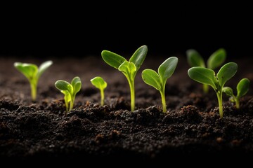 Vibrant Seedlings Sprouting from Soil &mdash; Black Background