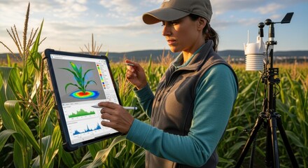Medium shot of a climate scientist tracking precipitation changes and their effects on corn plant health with sophisticated modeling tools outdoors