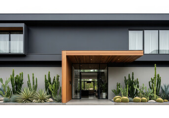 Modern architectural entrance with desert landscaping