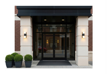 Modern building entrance with potted plants