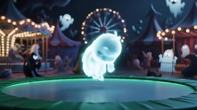 Cute ghost bouncing on trampoline at spooky carnival with ferris wheel and other ghostly figures in the night, creating a fun and playful atmosphere.