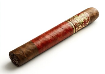 A cigar, rich reddish-brown, with gold-embossed design, rests on a plain white background.  Its wrapper displays intricate patterns