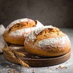 Two rustic loaves of artisan bread on a wooden platter, dusted with flour, alongside wheat sprigs