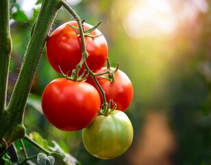 close up of ripe red tomatoes on a branch in the garden selective focus organic and non gmo field crop concepts