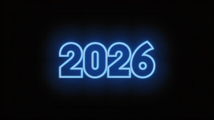 The year 2026 illuminated in a vibrant blue neon glow against a stark black background, symbolizing the future and upcoming events