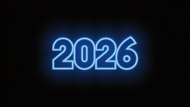 The year 2026 illuminated in a vibrant blue neon glow against a stark black background, symbolizing the future and upcoming events
