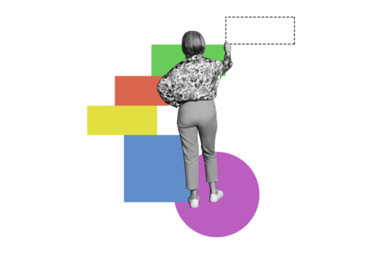 Composite trend artwork 3D sketch image collage of miniature aged woman stand abstract copyspace hand write line rectangle figure